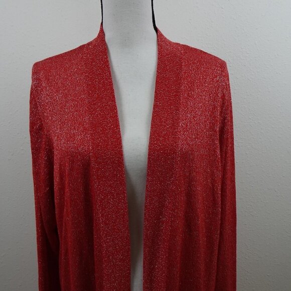 Ruby Rd Cardigan Sweater Women's Plus Size 1X Red Silver Sparkle Long Kimono - Picture 2 of 9
